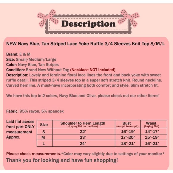 Navy Blue Tan Stripe Lace Ruffle Soft Stretch Top - Picture 7 of 7